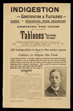 Indigestion with constipation and flatulence are cured and prevented from recurring by removing the cause that is, by taking Tablones : "they remove the cause".