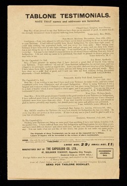Indigestion with constipation and flatulence are cured and prevented from recurring by removing the cause that is, by taking Tablones : "they remove the cause".