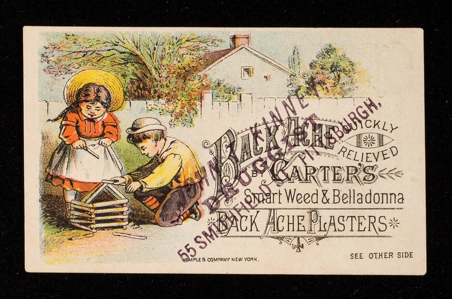 Back ache quickly relieved by Carter's smart weed and belladonna Back Ache Plasters.