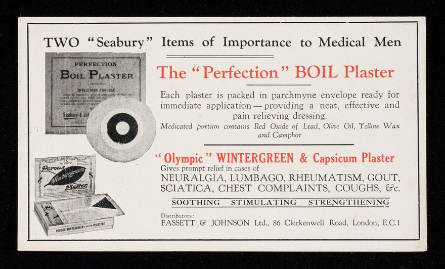 Two "Seabury" items of importance to medical men : the "Perfection" Boil Plaster.