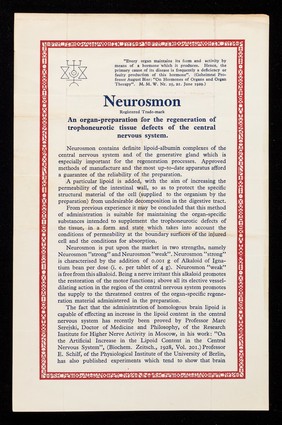 Neurosmon : an organ-preparation for the regeneration of trophoneurotic tissue defects of the central nervous system.