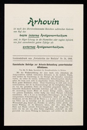 Arhovin : ist nach den übereinstimmenden Berichten zahlreicher Autoren von Ruf das beste interne Antigonorrhoikum ...