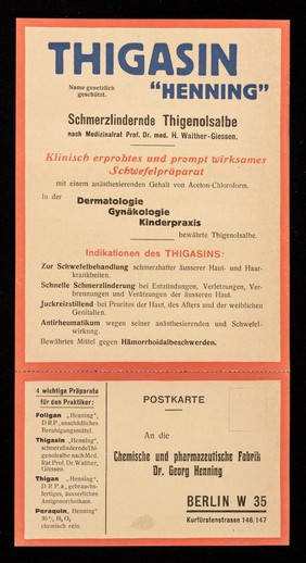 Thigasin "Henning" : Scmerzlindernde Tihgenolsalbe nach Medizinalrat Prof. Dr. med. H. Walther-Giessen.