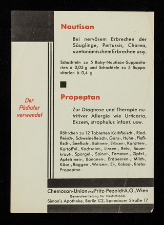 Nautisan : bei nervösem Erbrechen der Säuglinge, Pertussis, Chorea, azetonämischem Erbrechen usw.
