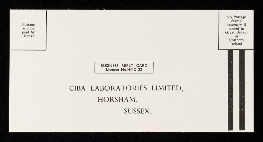 Business reply card Licence No. HMC 22 : Ciba Laboratories Limited, Horsham, Sussex.