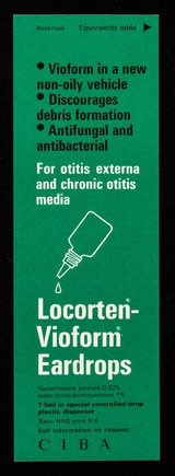 Vioform in a new non-oily vehicle, discourages debris formation, antifungal and antibacterial : for otitis externa and chronic otitis media : Locorten-Vioform Eardrops.