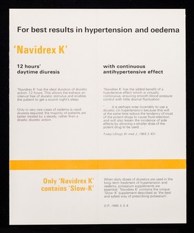 Logical first choice in mild or moderate hypertension : 'Navidrex K'.