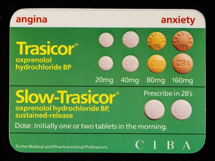 Trasicor oxprenolol hydrochloride BP : Slow-Trasicor oxprenolol hydrochloride BP, sustained-release : dose: initially one or two tablets in the morning.