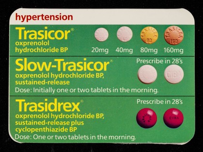 Trasicor oxprenolol hydrochloride BP : Slow-Trasicor oxprenolol hydrochloride BP, sustained-release : dose: initially one or two tablets in the morning.