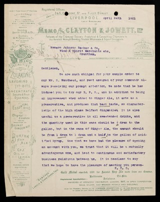 Memo from Clayton & Jowett, Ltd. : fellows of the Chemical Society, analytical & consulting chemists to the aerated water & brewing trades wholesale & export druggists.