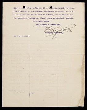 Memo from Clayton & Jowett, Ltd. : fellows of the Chemical Society, analytical & consulting chemists to the aerated water & brewing trades wholesale & export druggists.