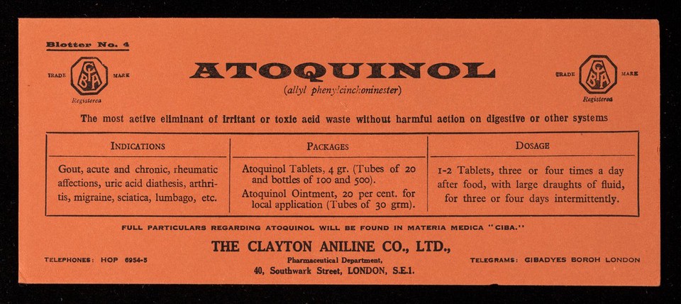 Atoquinol (allyl phenylcinchoninester) : the most active eliminant of irritant or toxic acid waste without harmful action on digestive or other systems.