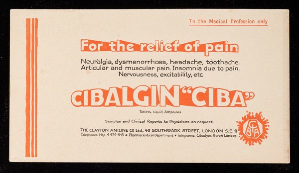 For the relief of pain : Cibalgin "Ciba".