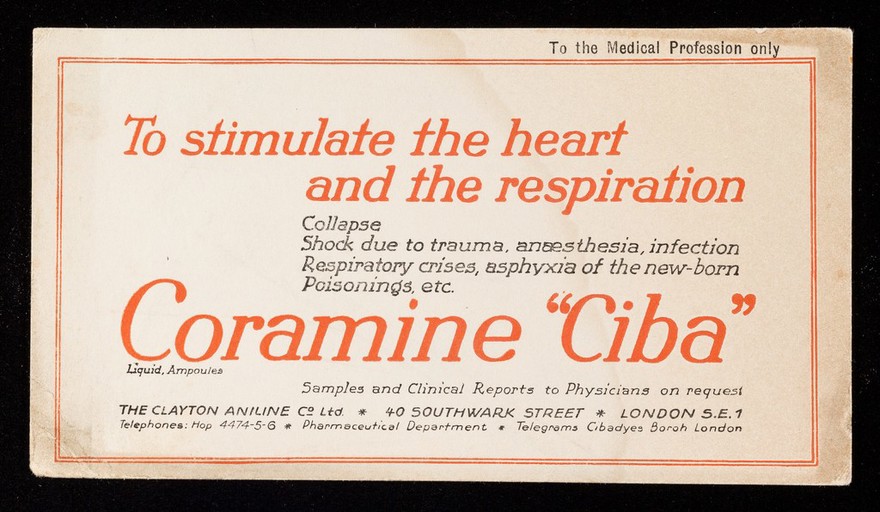 To stimulate the herat and the respiration : Coramine "Ciba".