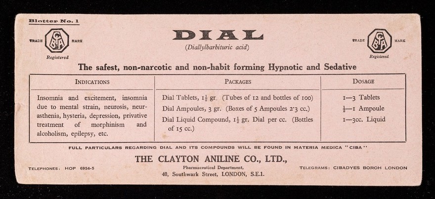 Dial (diallylbarbituric acid) : the safest, non-narcotic and non-habit forming hypnotic and sedative.