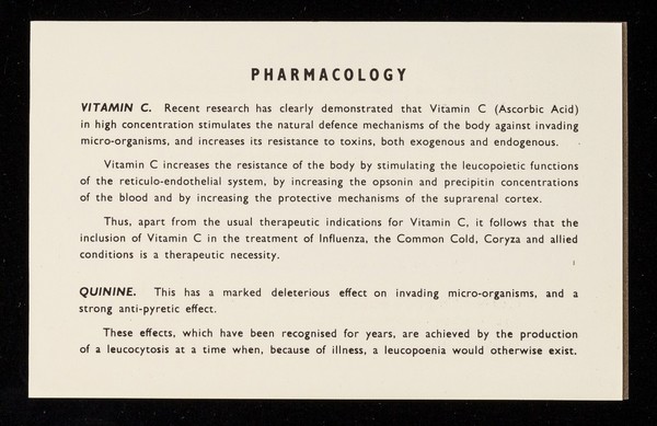 Fluscorbin : Vitamin C + quinine massive dose : attack treatment of colds and influenza.