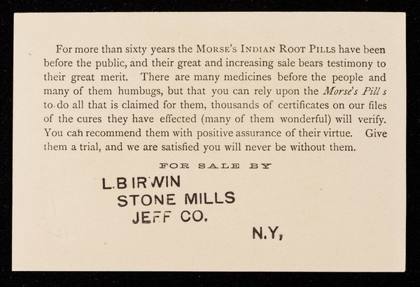 Dr. Morse's Indian Root Pills : W. H. Comstock, sole proprietor, Morristown, N.Y.