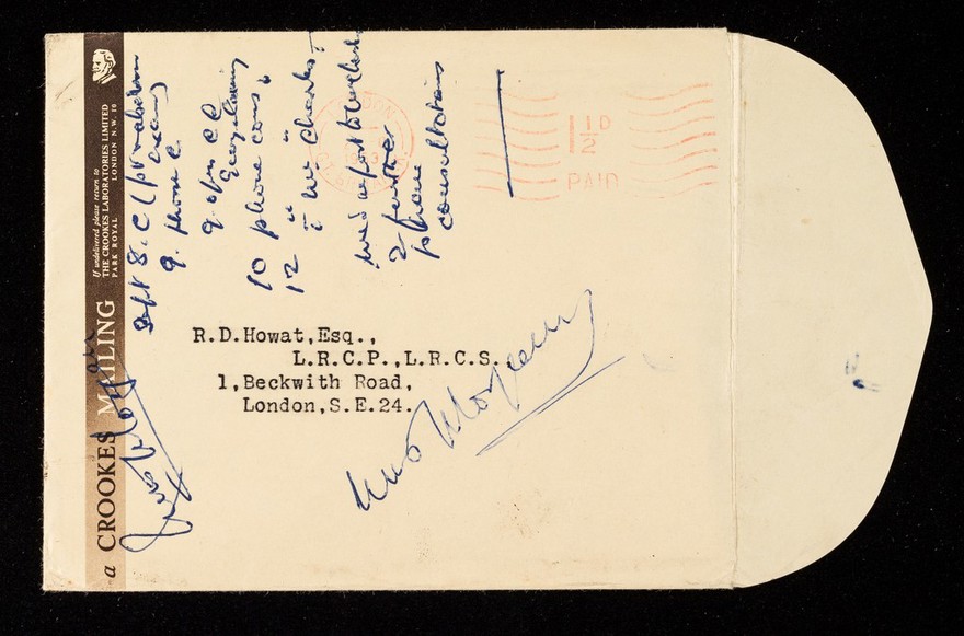 A Crookes mailing : if undelivered please return to The Crookes Laboratories Limited Park Royal London N.W.10 / The Crookes Laboratories Limited.