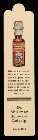 Die aus unserem Hause stammenden Originalpakungen mit Siegel und Schutzmarkebürgen für eine gewissenhafte Herstellung : Dr. Willmar Schwabe Leipzig.