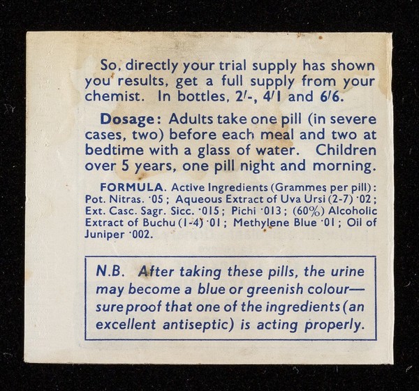 De Witt's Kidney & Bladder Pills : diuretic stimulant - urinary antiseptic.