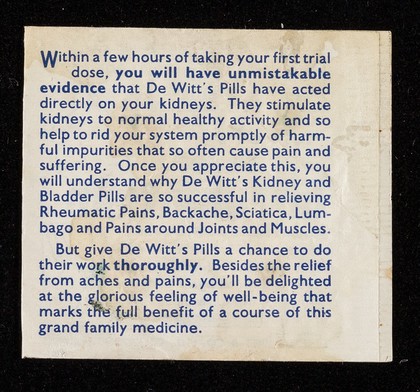 De Witt's Kidney & Bladder Pills : diuretic stimulant - urinary antiseptic.