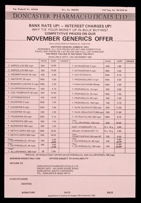 Doncaster Pharmaceuticals Ltd : Bank rate up! - Interest charges up! Why tie your money up in bulk buying? Competetive prices on our November generics offer.