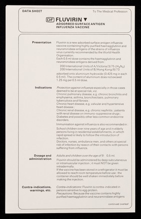 Data sheet : DF Fluvirin absorbed surface antigen influenza vaccine.