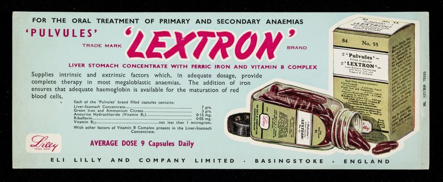 For the oral treatment of primary and secondary anaemias 'Pulvules' 'Lextron' brand : liver stomach concentrate with ferric iron and Vitamin B Compex.