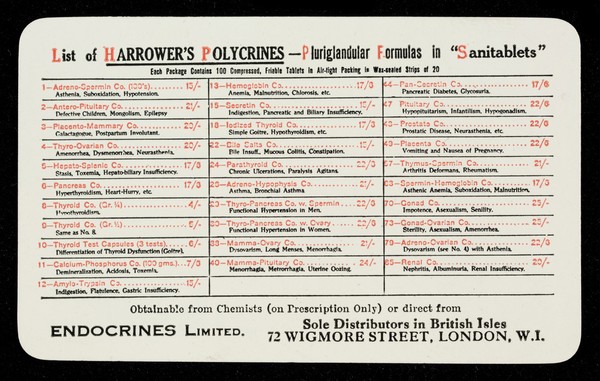 List of Harrower's Polycrines : pluriglandular formulas in "Sanitablets".