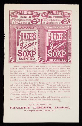 "Best of all blood purifiers" : the floral emblems of purity are the white lily and the star of Bethlehem : for purity of blood use Frazer's Sulphur Tablets.