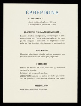 Éphépirine : composition: acide acetylsalicylique 500 mgr. : chlorhydrate d'éphédrine 15 mgr.