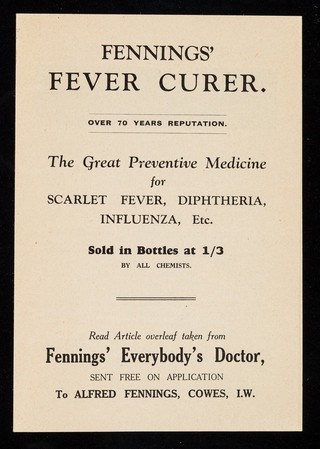 Sore throats relieved with one dose : Fennings' Fever Curer or Fennings' Stomachic Mixture.