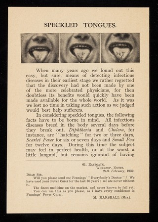Sore throats relieved with one dose : Fennings' Fever Curer or Fennings' Stomachic Mixture.