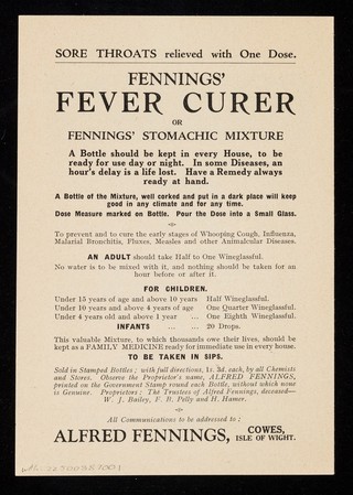 Sore throats relieved with one dose : Fennings' Fever Curer or Fennings' Stomachic Mixture.