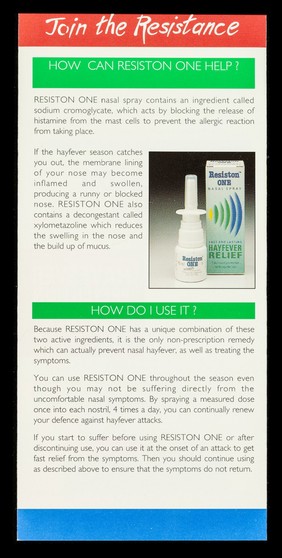 Join the resistance : ask your pharmacist for new Resiston One nasal spray : hayfever prevention and treatment in one.