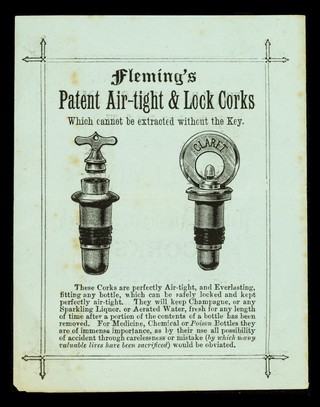 International Health Exhibition : South Gallery, Stand No. 217 : G. Fleming, manufacturer of the patent Air-Tight & Lock Corks.