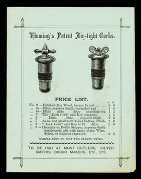 International Health Exhibition : South Gallery, Stand No. 217 : G. Fleming, manufacturer of the patent Air-Tight & Lock Corks.