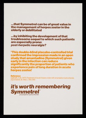 Did you know...? : that Symmetrel can be of great value in the management of herpes zoster in the elderly or delibitated ...