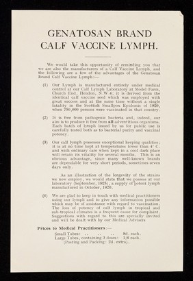 Genatosan brand Calf Vaccine Lymph.