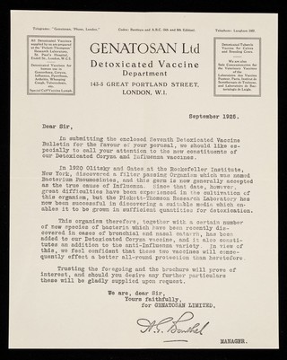 Genatosan Ltd : Detoxicated Vaccine Department 143-5 Great Portland Street, London, W.1.