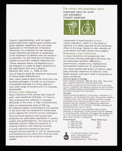 Glaxo breakthrough in antibiotic treatment : Ceporin : truly bactericidal really broad spectrum.