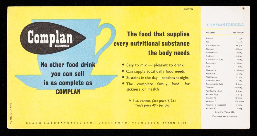 Complan : no other food drink youcan sell is as compelte as Complan : the food that supplies every nutritional substance the body needs.