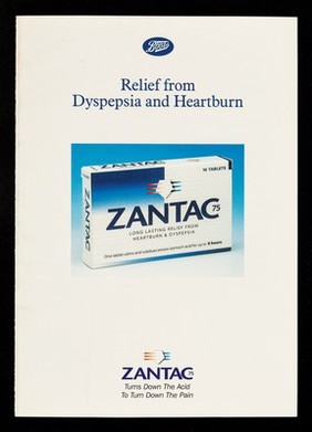 Relief from dyspepsia and heartburn : Zantac : turns down the acid to turn down the pain.