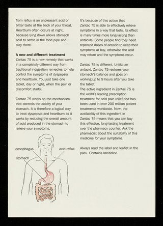 Relief from dyspepsia and heartburn : Zantac : turns down the acid to turn down the pain.