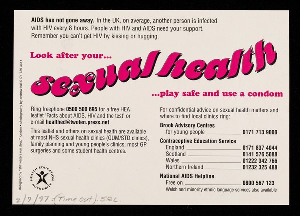 Hold me ... : look after your... sexual health ...play safe and use a condom  / Health Education Authority.