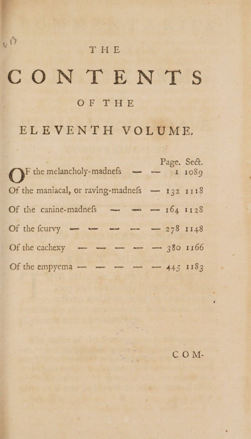 r E THE CONTENTS ELEVENTH VOLUME. | Page. Se&amp;. (y the melancholy-madnefs — — 1 1089 Of the maniacal, or raving-madnefs — 132 1118 Of the canine-madnefs — — - 164 1128 Of the fcurvy MA arm. em cem, c PTS TX4B Of the cachexy | — — — — — 380 1166 Of the empyema — — -— — — 445 1183