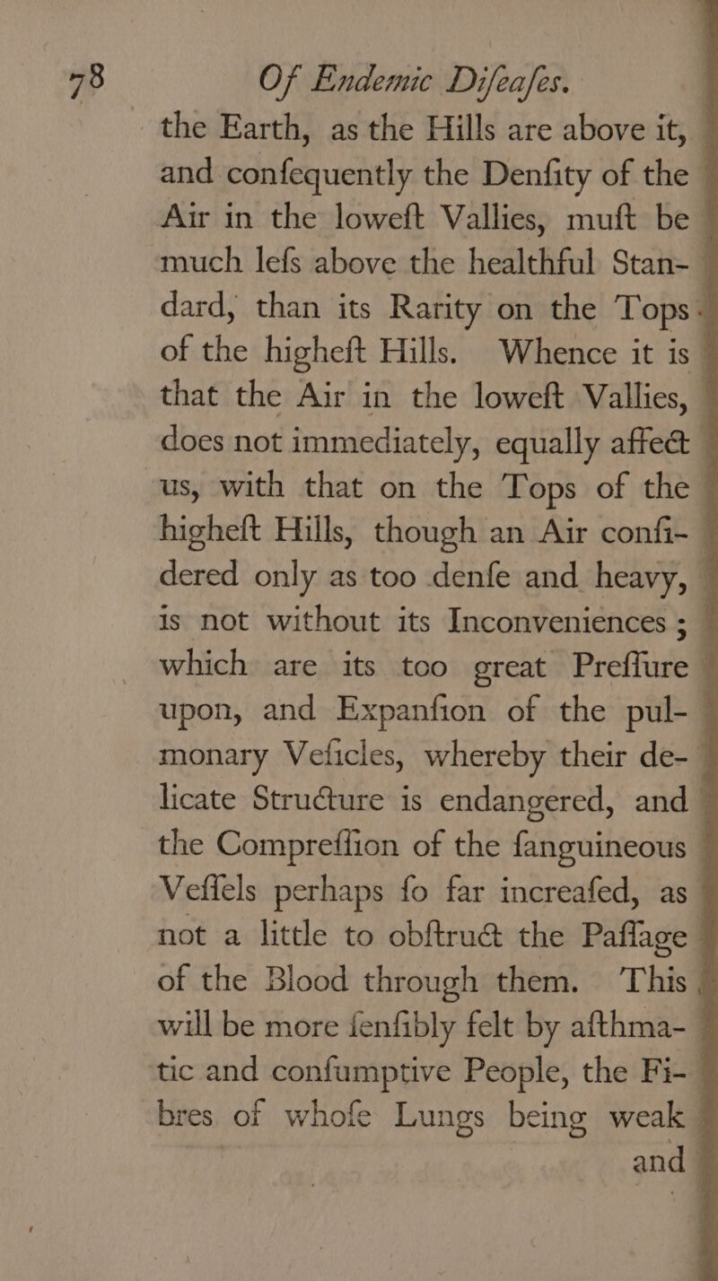 and confequently the Denfity of the much lefs above the healthful Stan-— dard, than its Rarity on the Tops- of the higheft Hills. Whence it is _ that the Air in the loweft Vallies, — does not immediately, equally affe&amp; us, with that on the Tops of the — higheft Hills, though an Air confi~ — is not without its Inconveniences ; — which are its too great Preffure q upon, and Expanfion of the pul-_ monary Velicles, whereby their de- 1 licate Structure is endangered, and ~ the Compreffion of the fanguineous | Veffels perhaps fo far increafed, as | not a little to obftru@ the Paflage of the Blood through them. This will be more fenfibly felt by afthma-_ tic and confumptive People, the F if bres of whofe Lungs being weak ! | and |