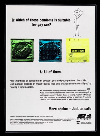 Q: Which of these condoms is suitable for gay sex? A: All of them : any thickness of condom can protect you and your partner from HIV / GMFA, London's Gay Men's HIV Prevention Partnership.