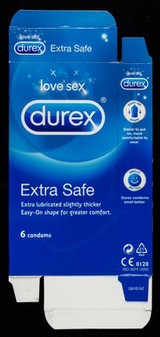 Love sex : Durex Extra Safe : extra lubricated slightly thicker easy-on shape for greater comfort : 6 condoms / Reckitt Benckiser Healthcare (UK) Limited.