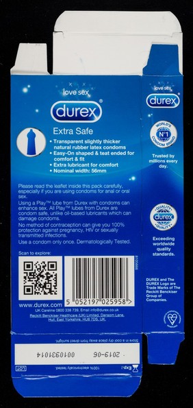 Love sex : Durex Extra Safe : extra lubricated slightly thicker easy-on shape for greater comfort : 6 condoms / Reckitt Benckiser Healthcare (UK) Limited.